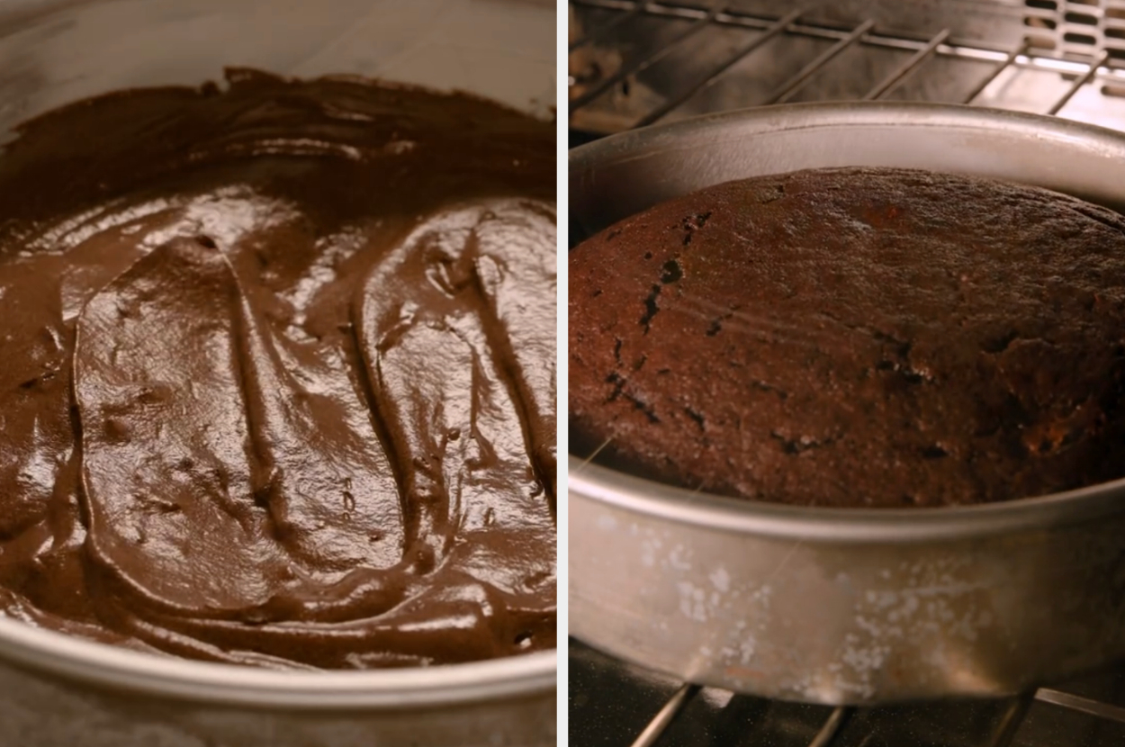 Cake batter successful  a circular  cookware  earlier  and aft  baking, showing a creaseless  to baked translation  successful  the oven