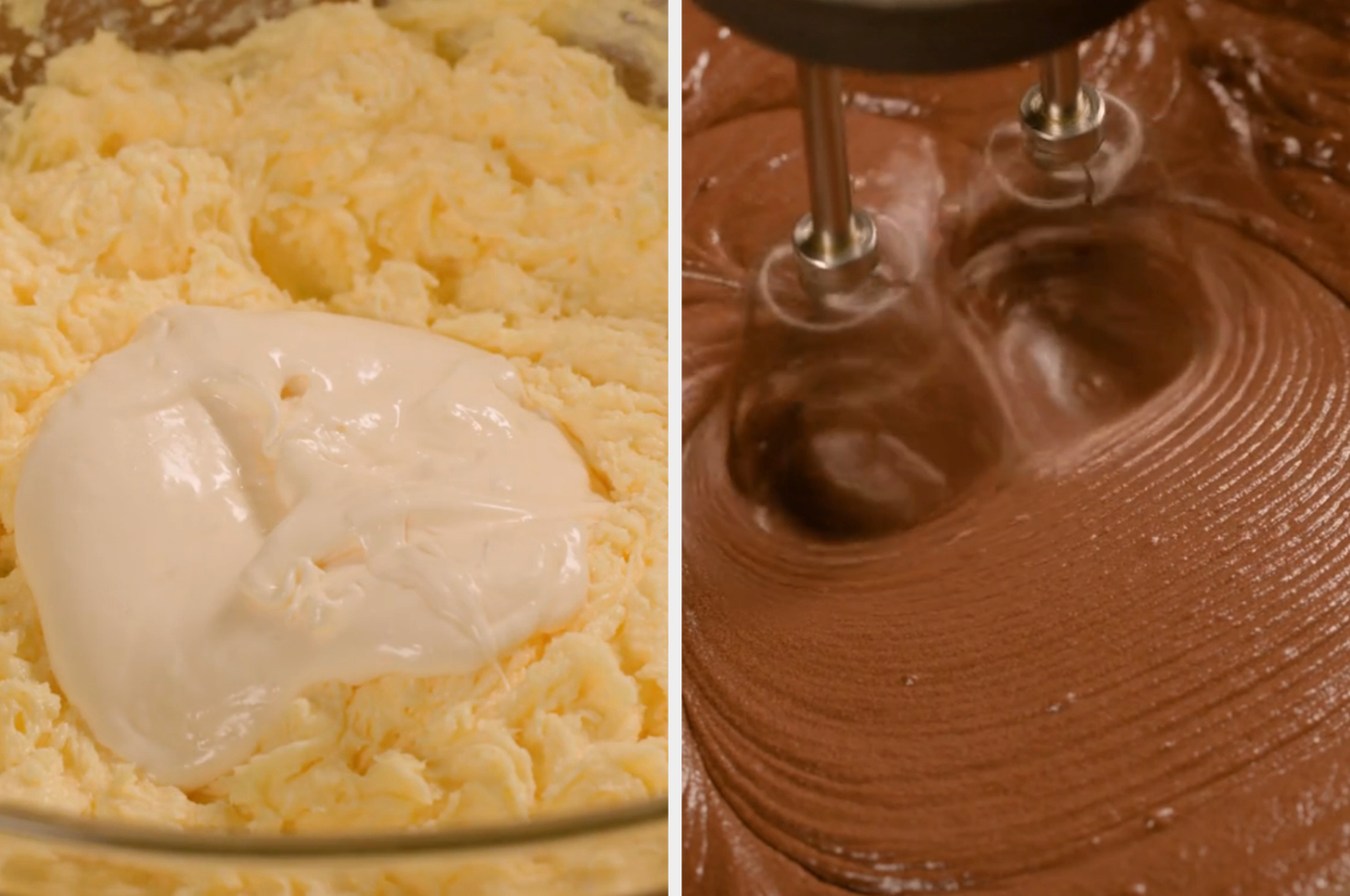  Left shows a creamy substance  successful  a bowl. Right shows cocoa  batter being mixed with an electrical  mixer