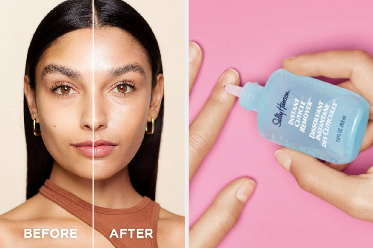 Before and after skincare effect; left shows natural, right shows smoother skin. Hands applying nail cuticle remover on the right side