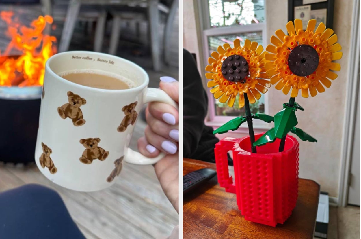 Left: Hand holding a mug with teddy bear design, coffee inside. Right: Red blocky mug with LEGO sunflowers on a table