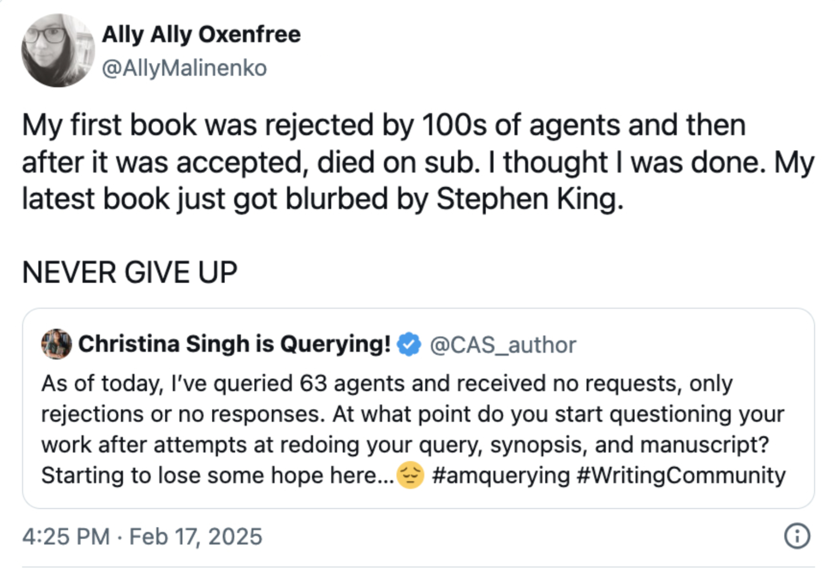 Tweet fra Ally Oxenfree om utholdenhet ved å skrive, nevne Stephen King Blurb og støtte Christina Singh ' s Writing Journey