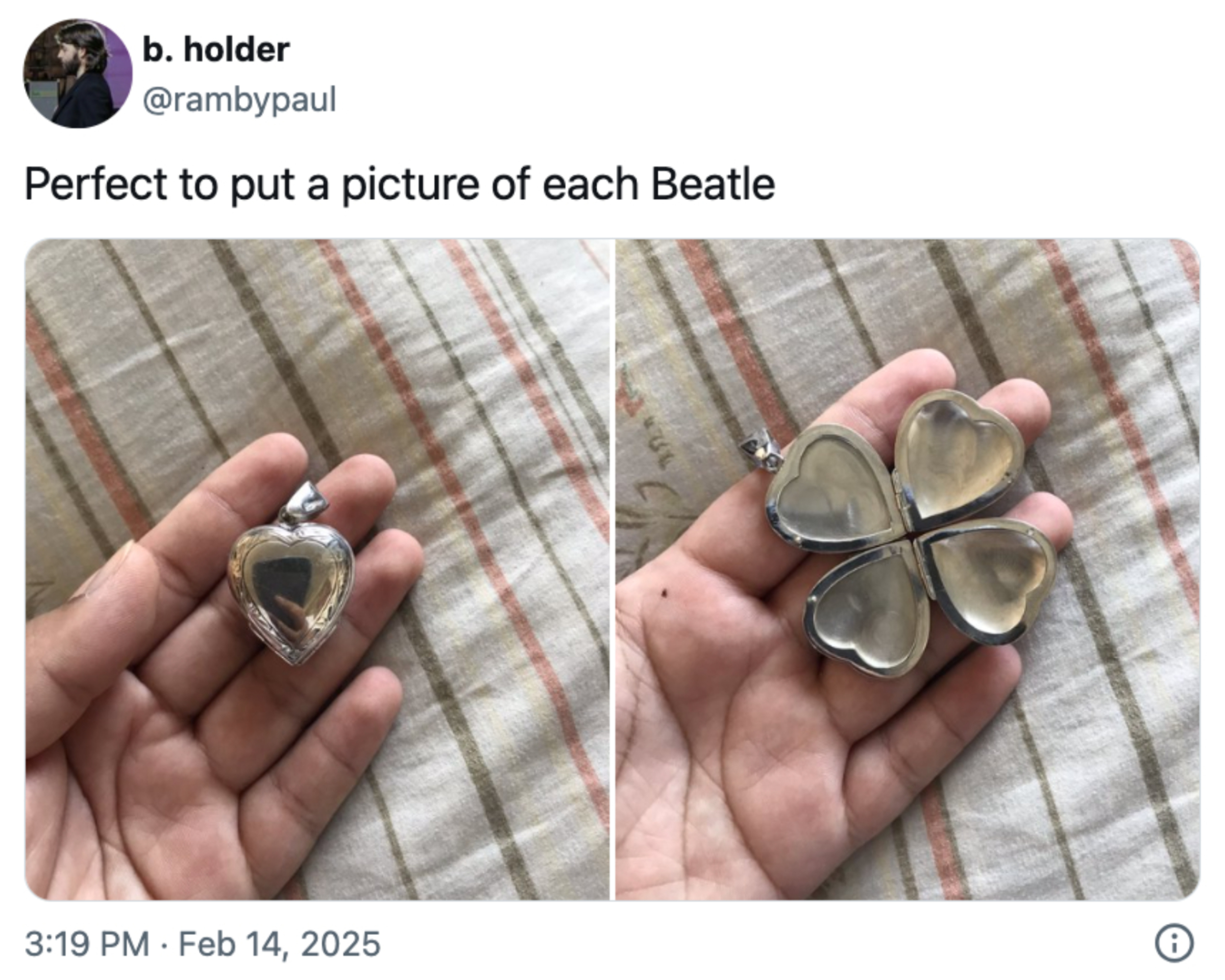 To bilder av en hånd som holder en hjerteformet skap som åpnes i fire seksjoner. Bildetekst lyder: & quot; perfekt for å sette et bilde av hver Beatle. & Quot;