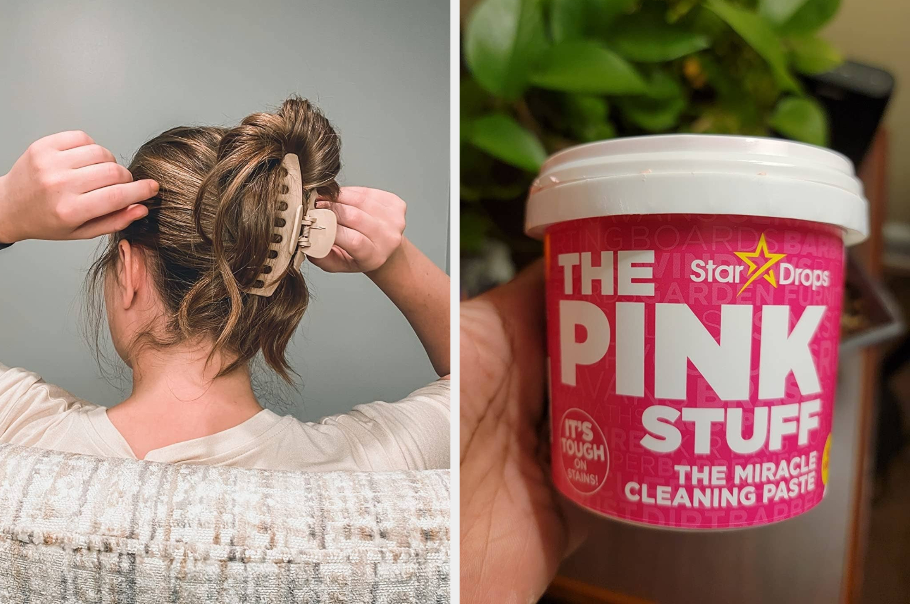 Person fixing hair with a large clip; hand holding a tub of "The Pink Stuff" cleaning product