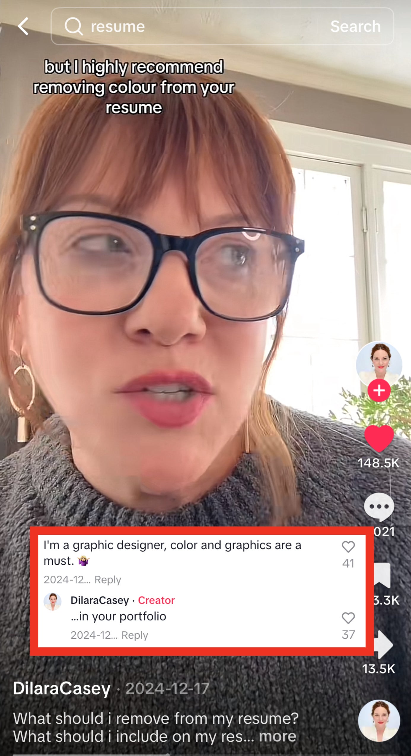 A person with glasses suggests removing color from resumes in a video post, shown with engagement stats and comments visible