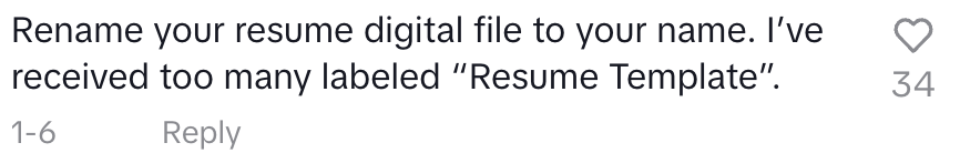 Comment advises renaming resume files with your name to avoid generic "Resume Template" labels; garners 34 likes