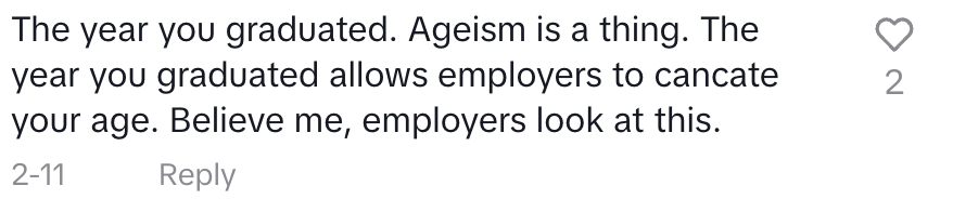 Comment discussing ageism related to graduation year and its impact on job opportunities