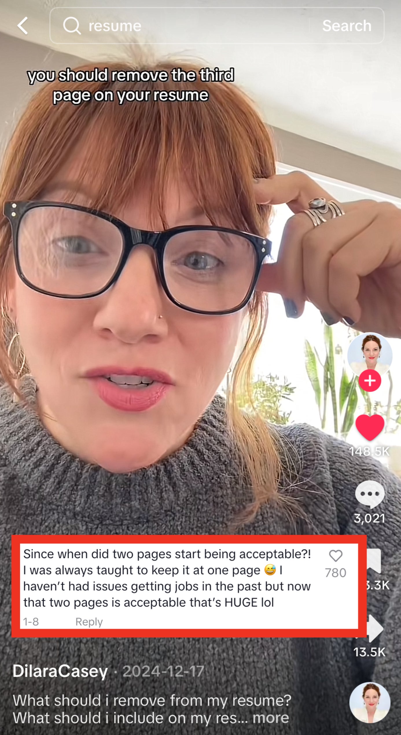 Person giving advice on removing the third page from a resume in a social media video