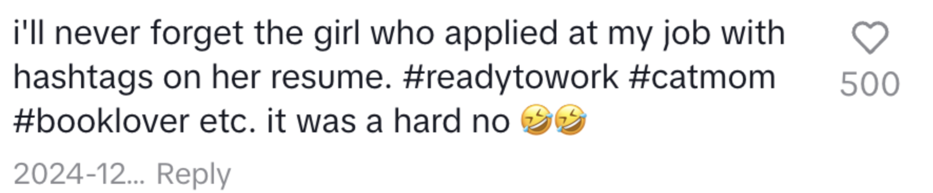 Social media post about an unusual job application with hashtags like #readytowork and #catmom, humorously rejected