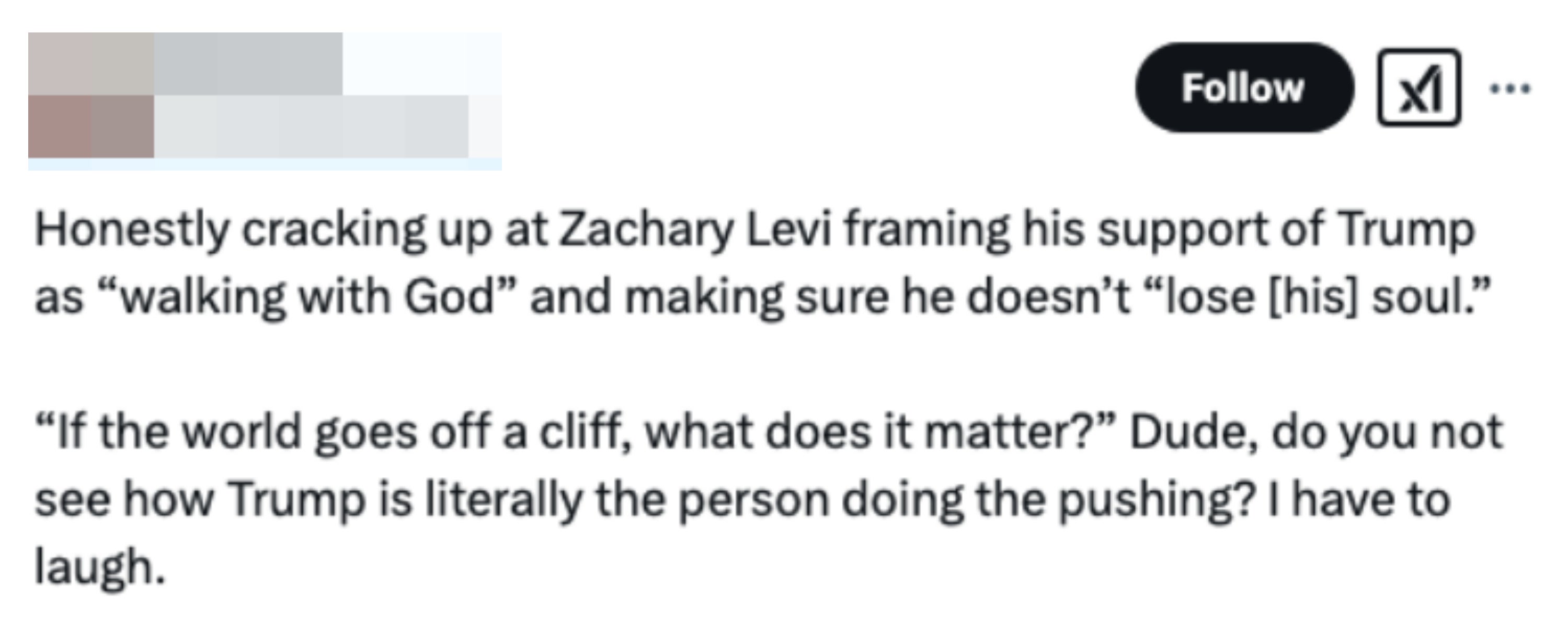 Screenshot of a tweet mocking Zachary Levi's stance on supporting Trump, questioning the logic and highlighting the irony