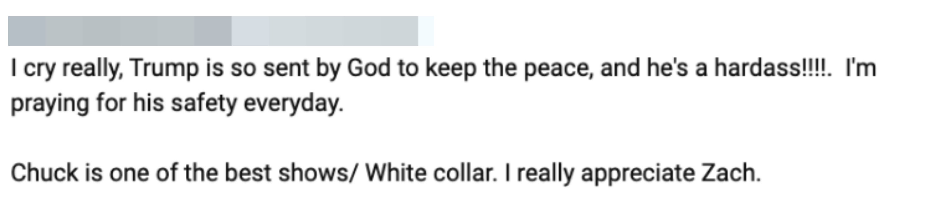 Comment praising Trump as a peacemaker sent by God, expressing concern for his safety; mentions liking the show "Chuck" and actor Zach