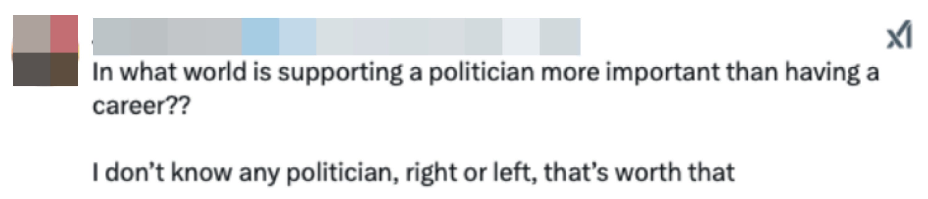 Tweet questioning prioritizing political support over having a career, stating no politician is worth such prioritization