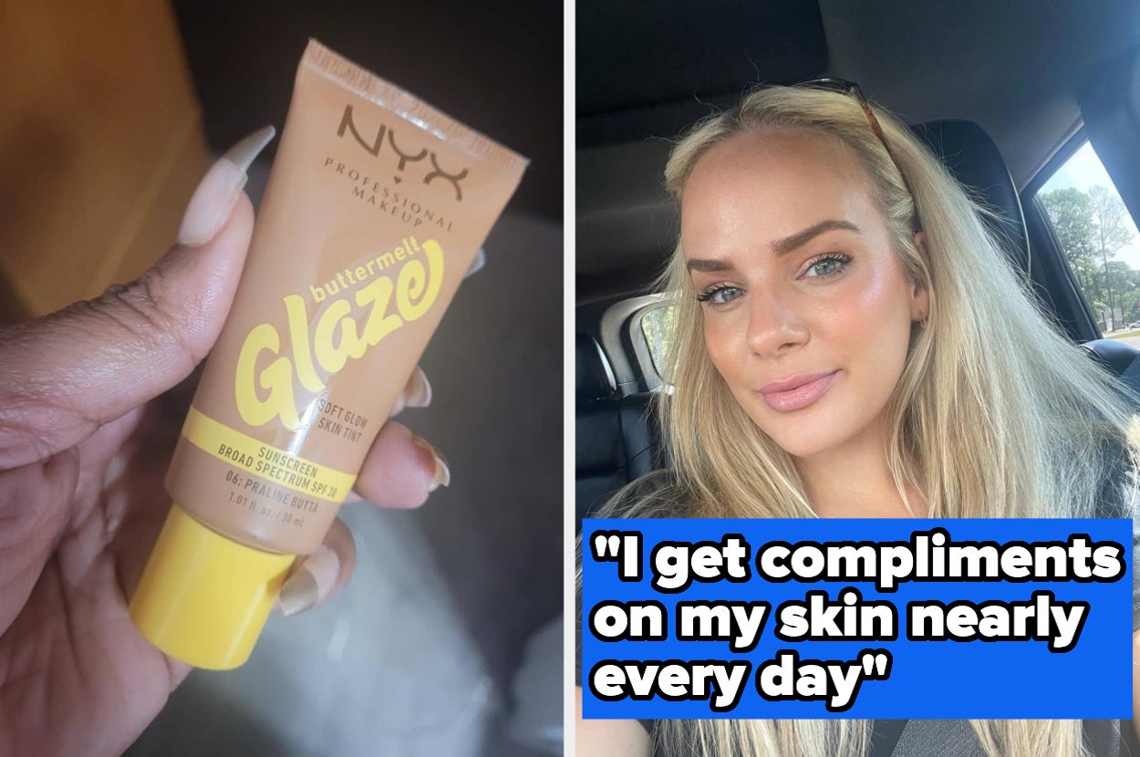 Hand holding NYX buttermelt glaze; reviewer wearing Saie slip tint