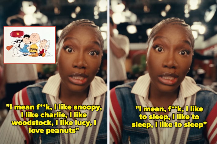 Person expressing strong liking for Peanuts comic characters in similar poses; quotes about Snoopy, Charlie, and loving sleep depicted