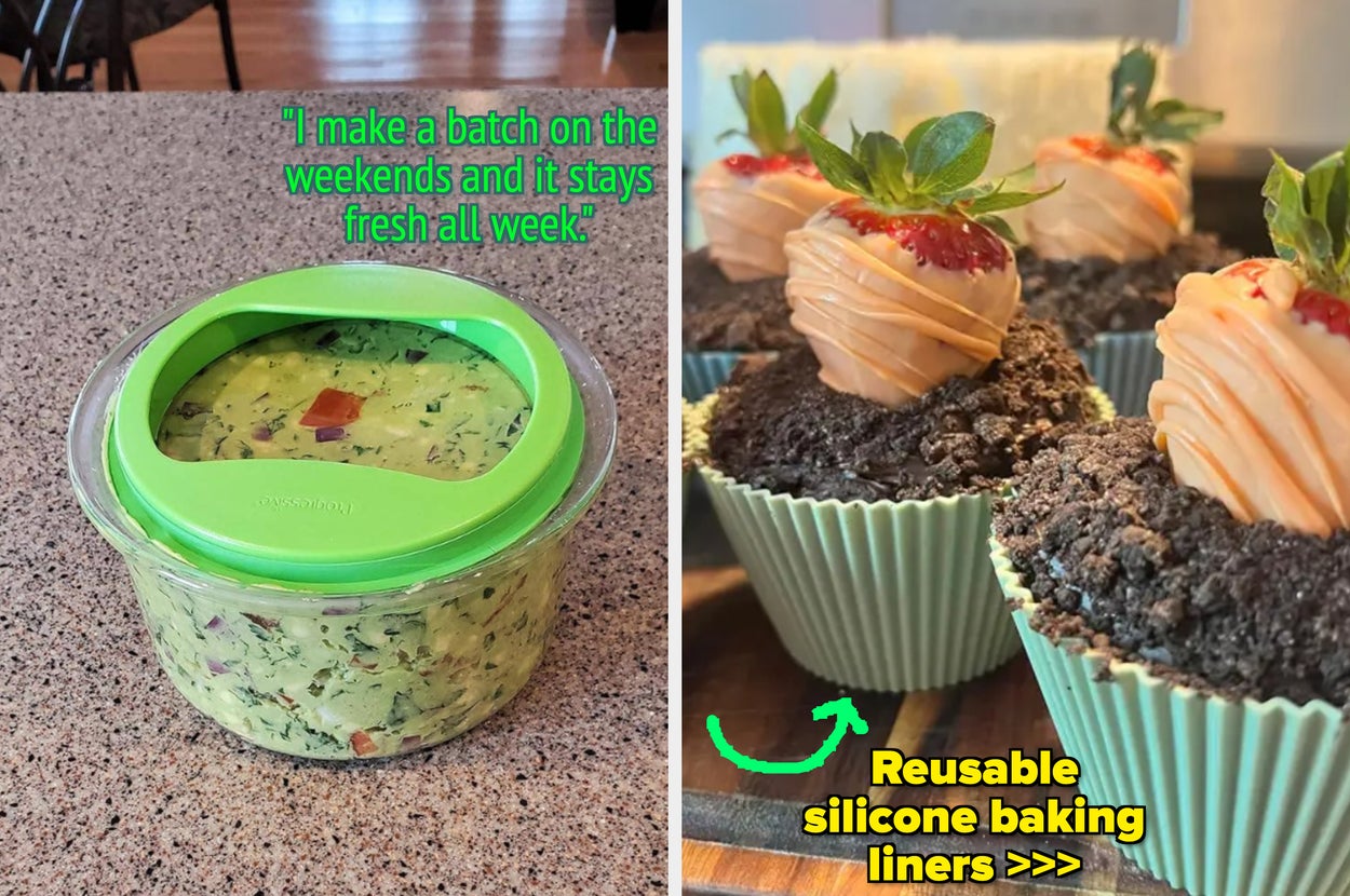 reviewers container of guacamole and reviewers cupcakes with strawberries in silicone liners
