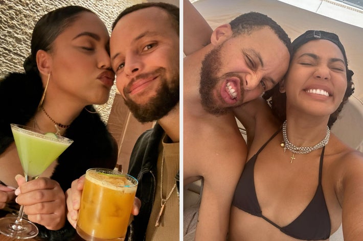 Ayesha and Steph Curry enjoying drinks together in the first image; in swimwear, smiling closely in the second image