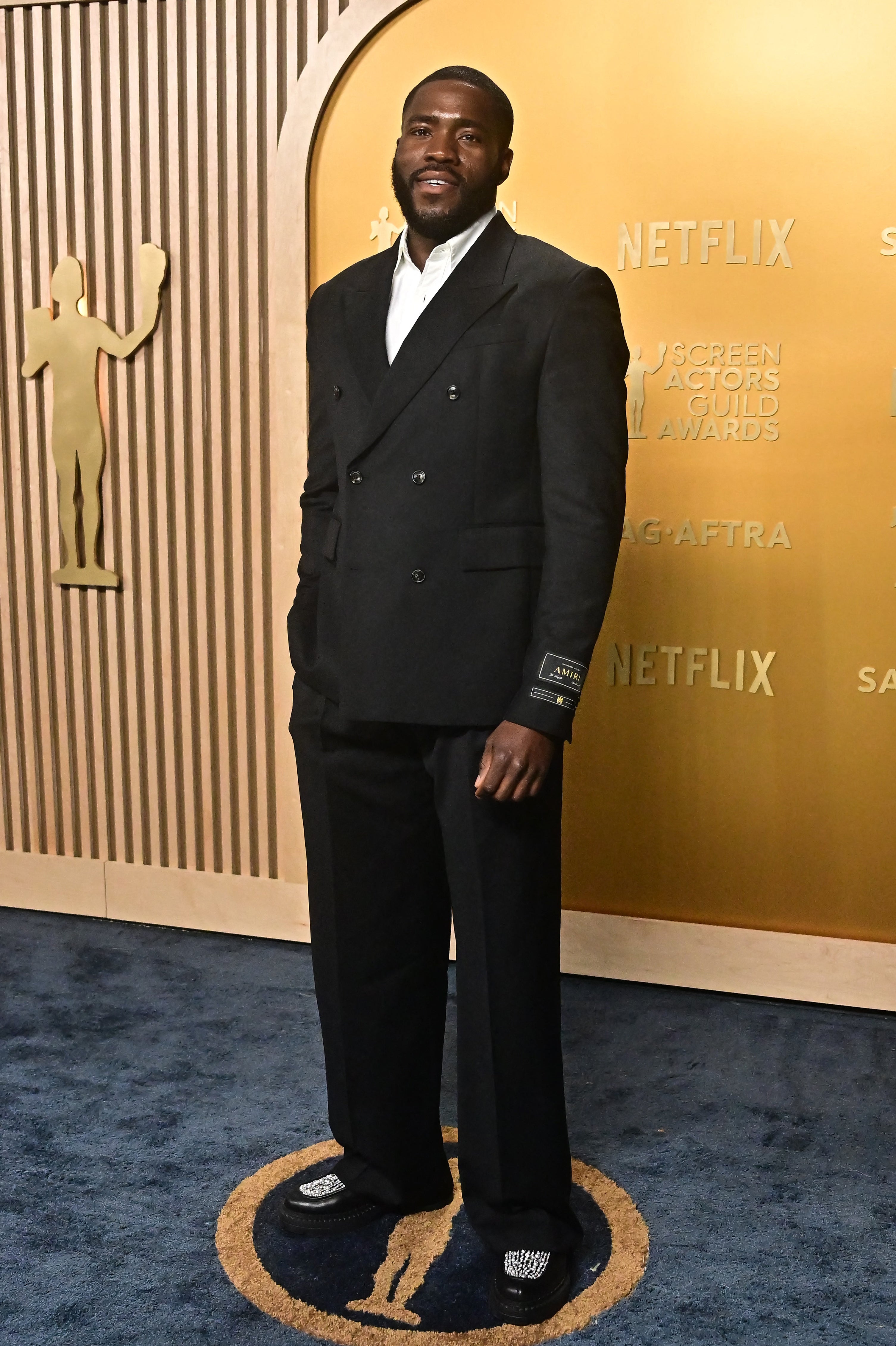 Person in a tailored double-breasted suit with wide-leg pants on the red carpet. Neutral background with awards branding