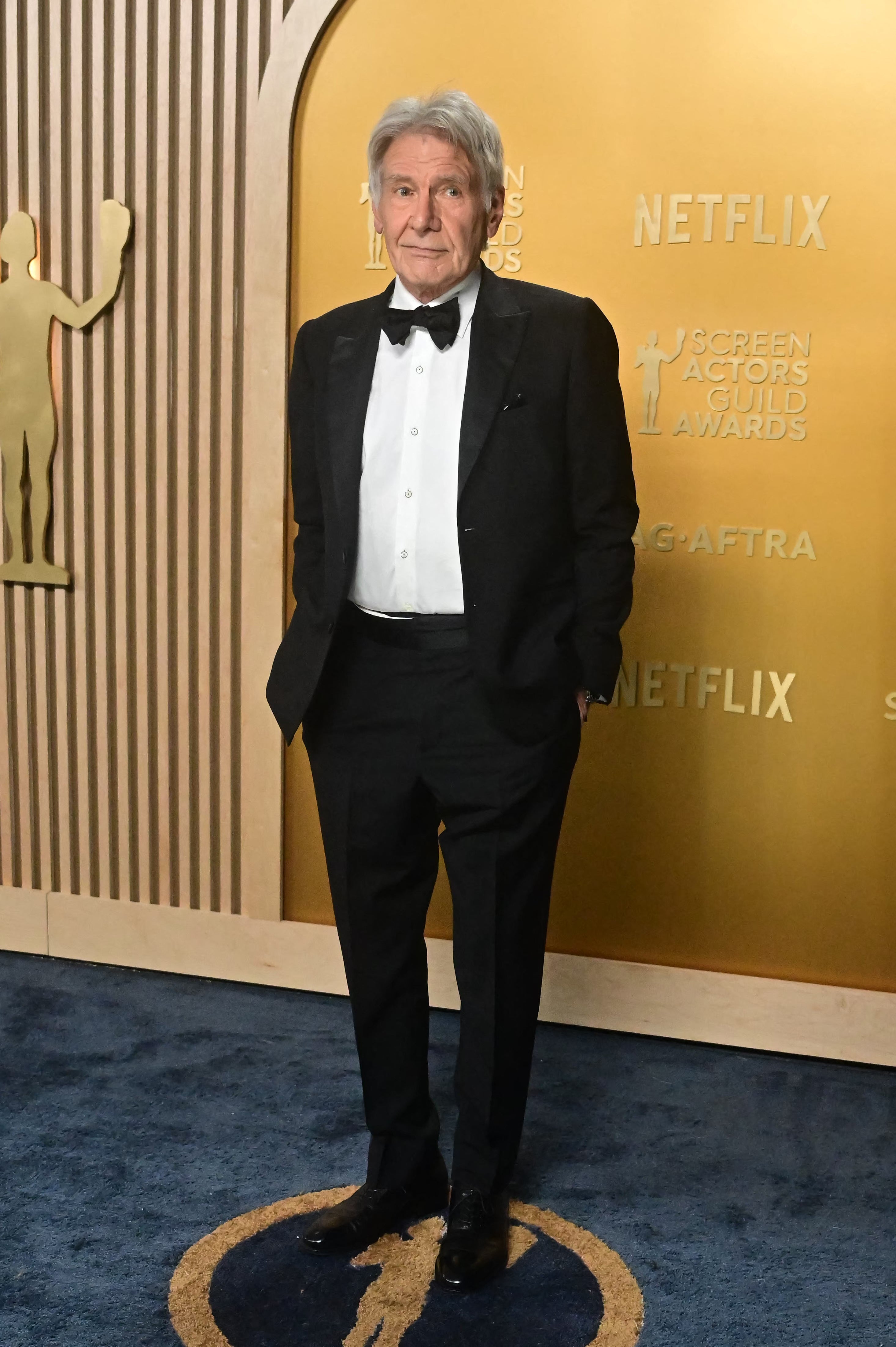 Person in a classic tuxedo stands on a blue carpet at an awards event, with gold backdrop featuring logos