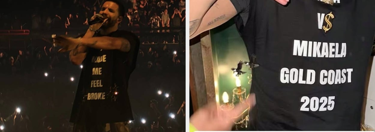 Drake on stage in a black "I Feel Broke" t-shirt; poses wearing an "Anna Paul vs Mikaela" shirt, Gold Coast 2025. Audience visible
