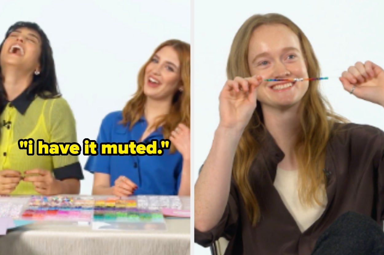 Courtney Eaton, Sophie Nélisse, and Liv Jewson laughing; Liv holds a bracelet with text overlay: "I have it muted."
