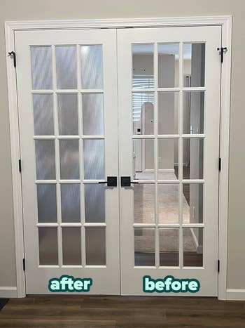 French doors with frosted and wide solid panes, starring to a well-lit interior abstraction with carpeted floors