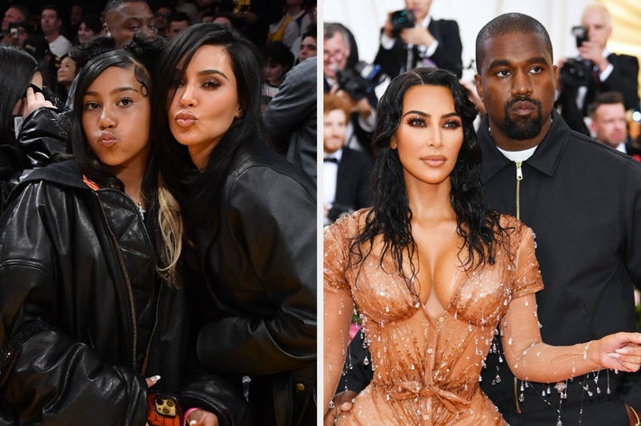 Left: North West and Kim Kardashian at a basketball game. Right: Kim Kardashian and Kanye West posing at an event