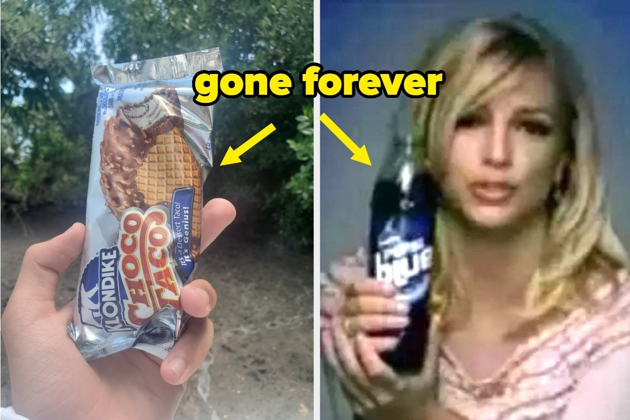Hand holds Klondike Choco Taco. Woman holds Pepsi Blue bottle. Text says "gone forever," suggesting the discontinuation of both products