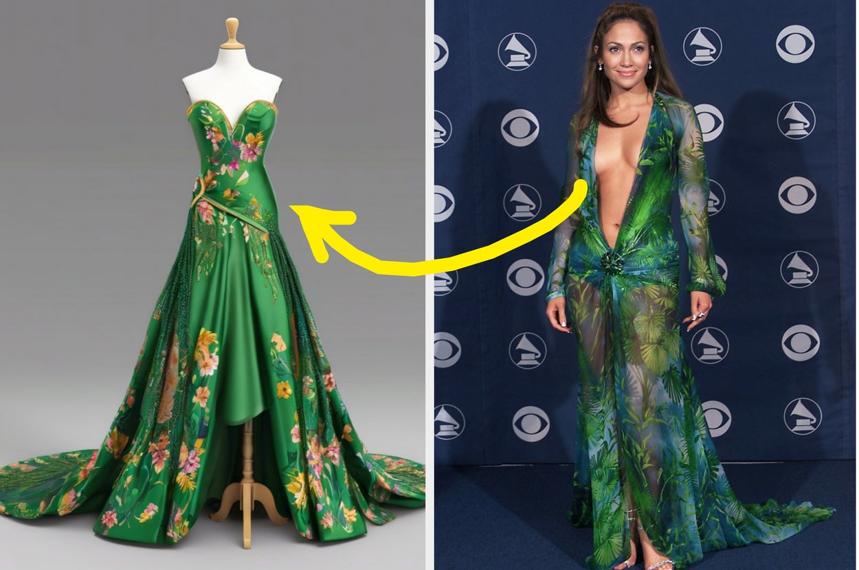 Celebrity in a deep V green tropical print dress, paired with an illustration of a similar styled gown with floral details