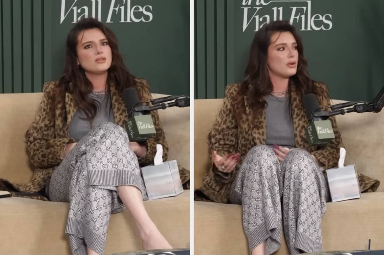 Two pictures of Bella Thorne speaking into a microphone during a podcast interview