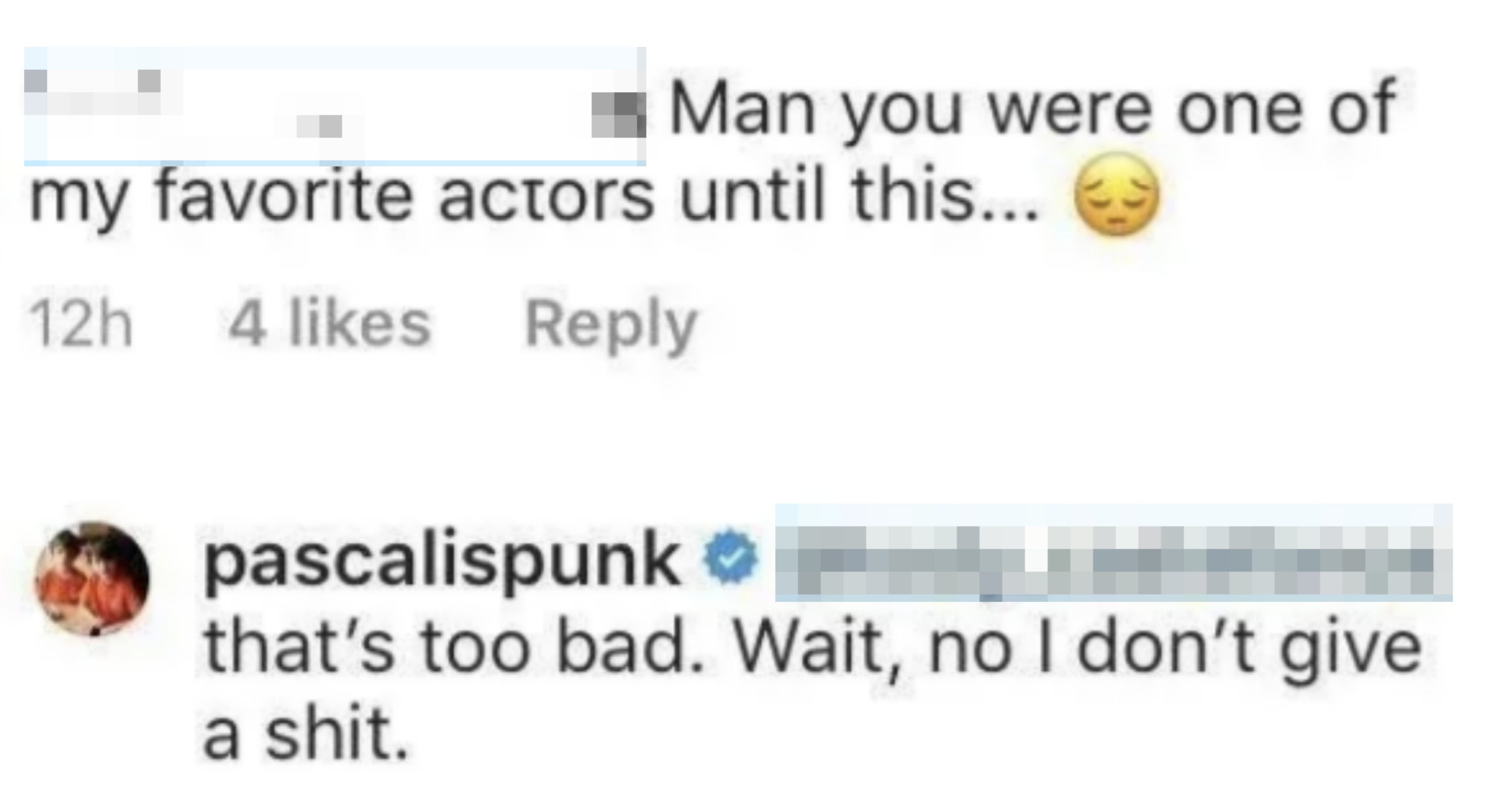 Social media exchange with a user expressing disappointment in an actor, who responds dismissively