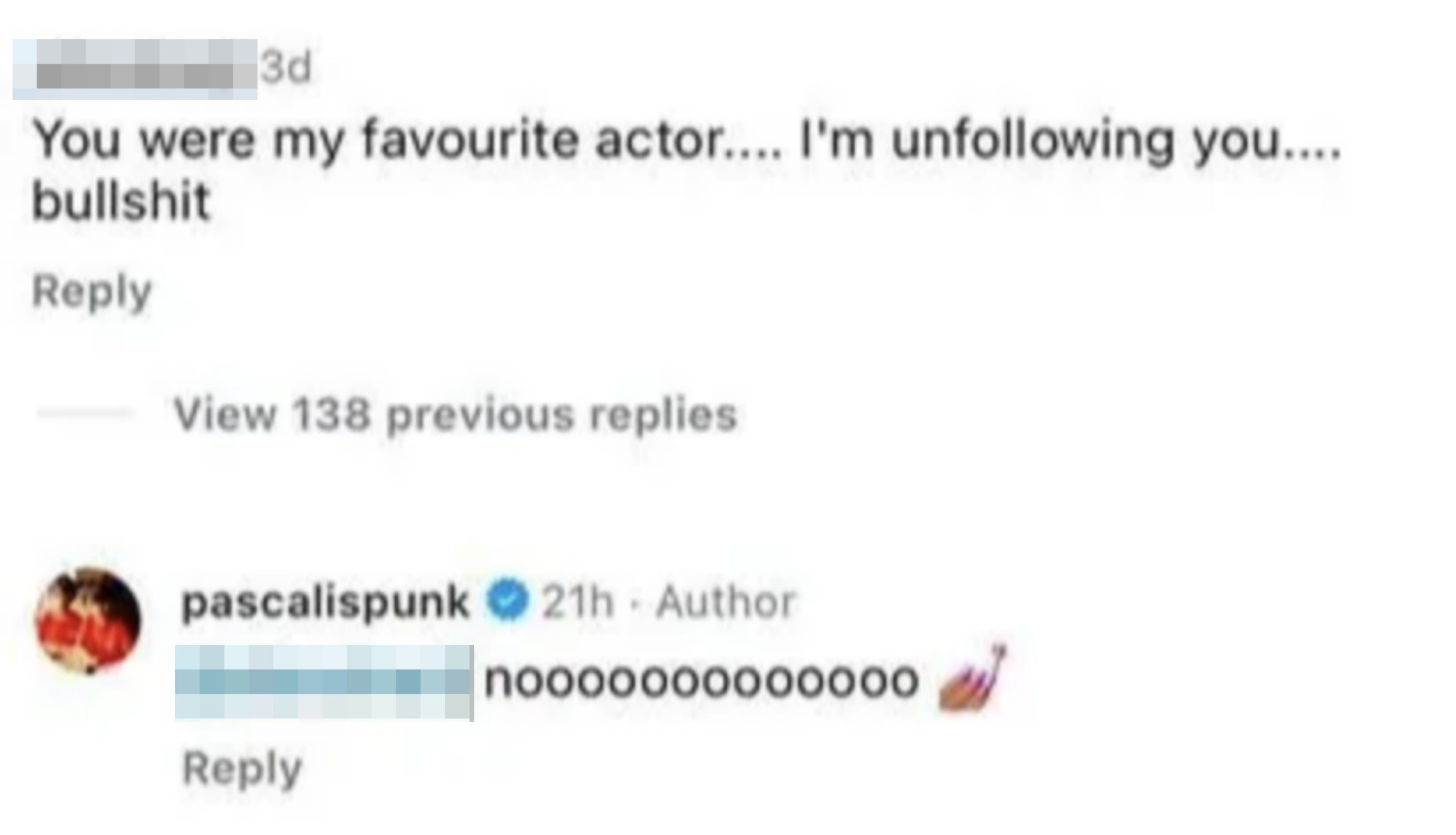 user unfollows an actor in disappointment, receiving a dramatic "nooo" with an icon in response