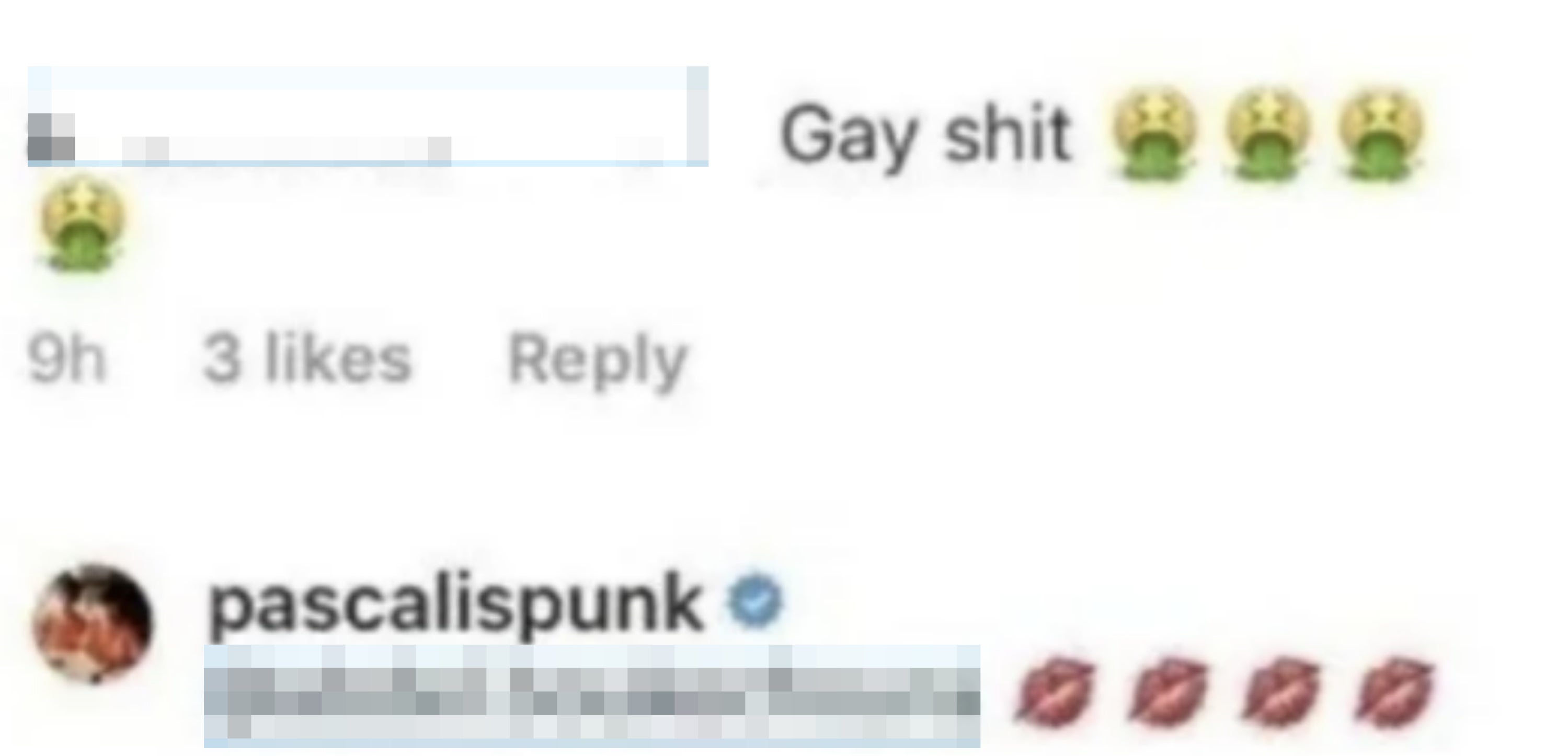 A screenshot of a comment with derogatory language, followed by a username with kissing emojis in response