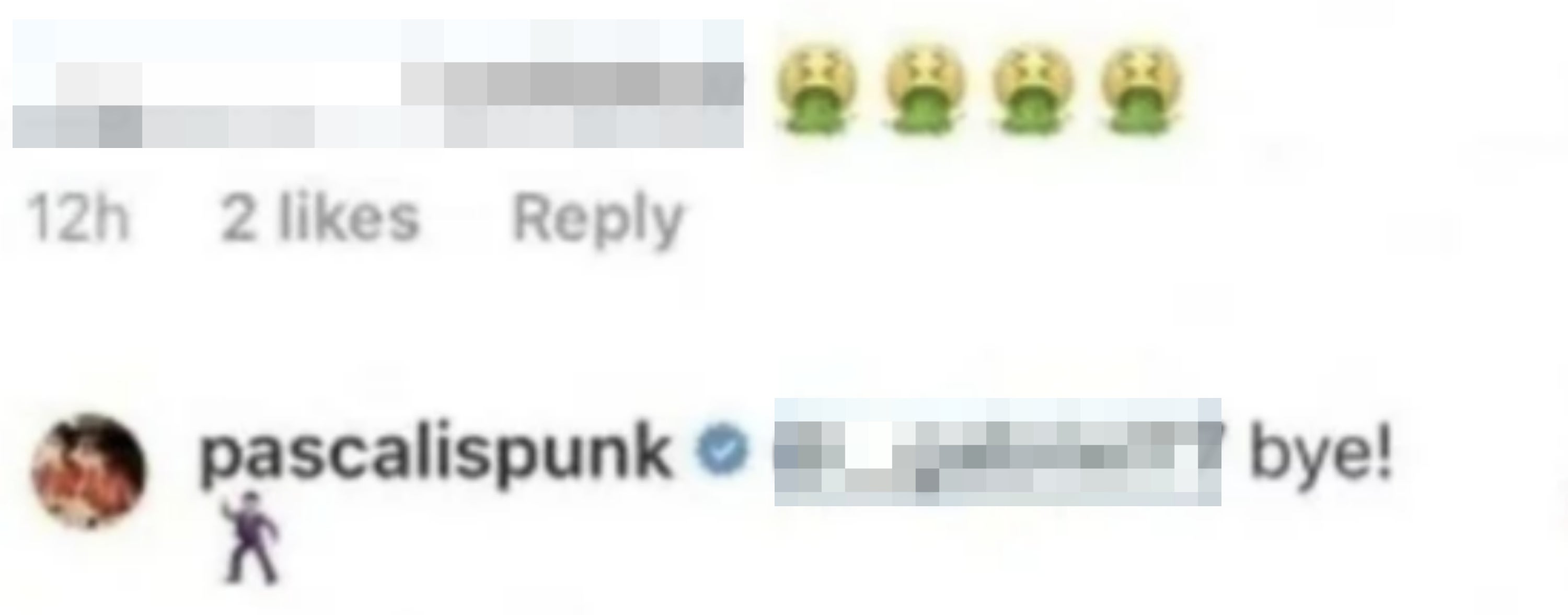 User threatens to unfollow with crying emojis; verified user responds with "bye!" and disco emoji