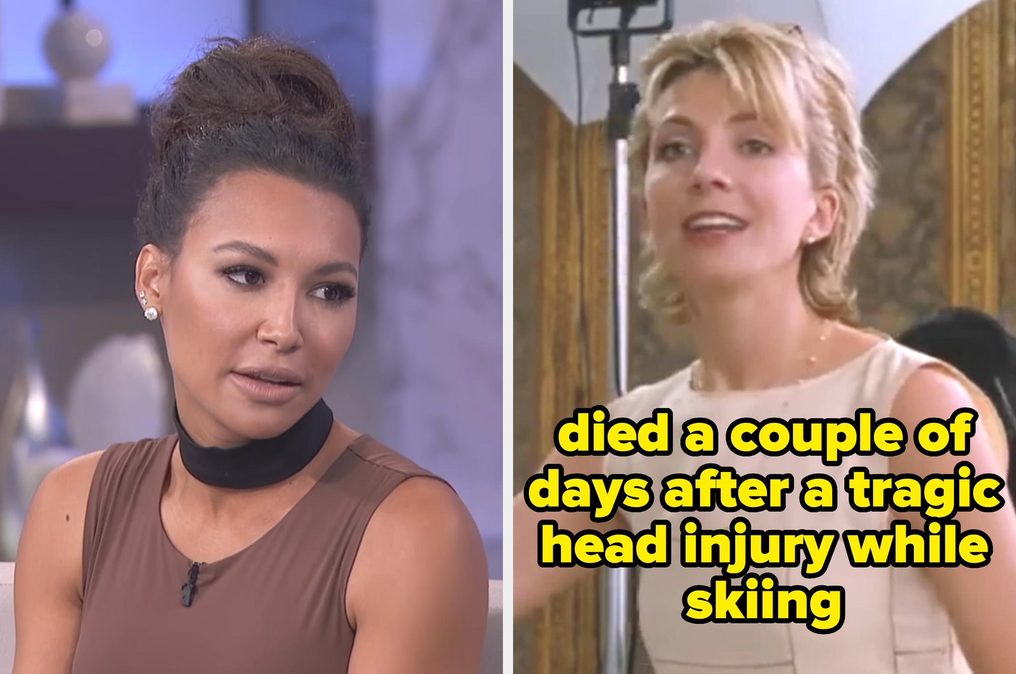 Two side-by-side images: Left, a cheerleader with text "the way she died is just horrible." Right, a man in a space uniform with text "Crushed to death."