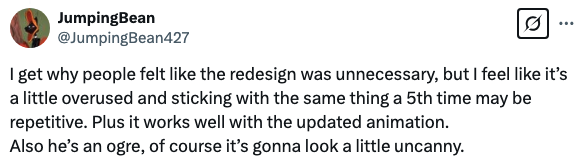 Tweet by JumpingBean expresses opinions on a redesign, noting repetitiveness and fitting well with updated animation. Mentions an ogre's appearance