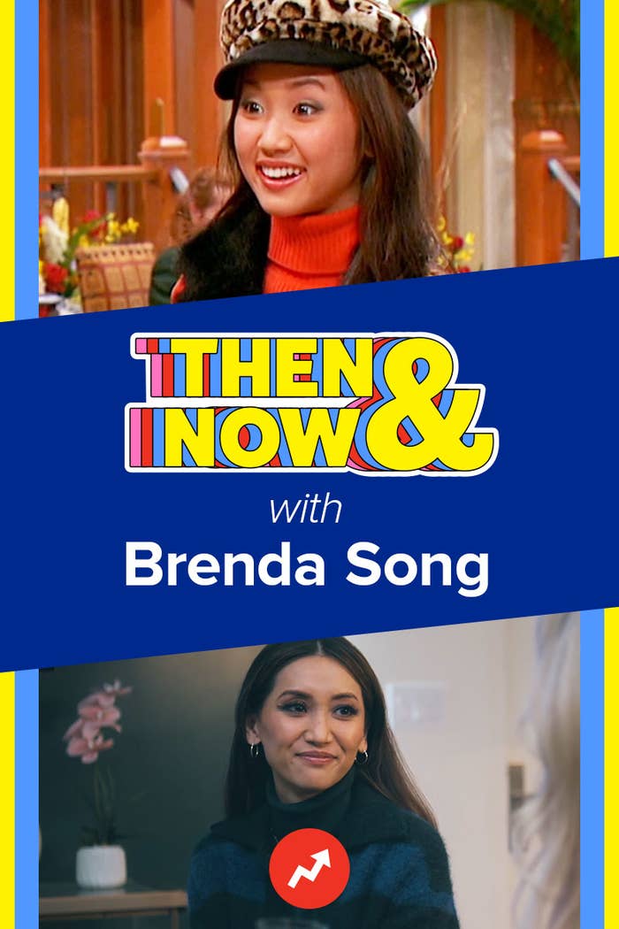 Split image of Brenda Song; top shows her in a hat and jacket from a TV scene, bottom in a modern outfit smiling in an interview setting. Text: "Then & Now"