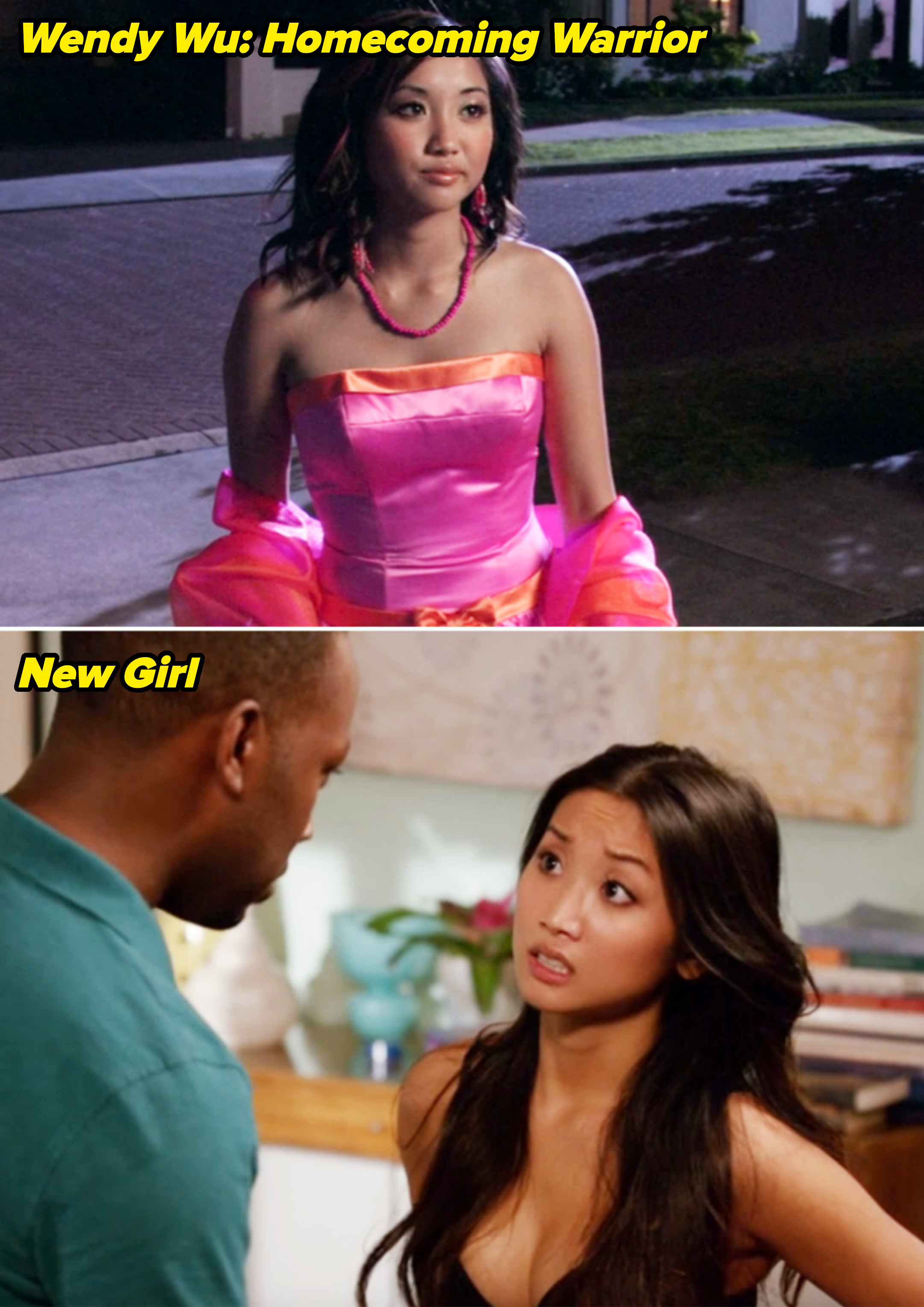 Two scenes featuring the same actress: top in a strapless dress outdoors, bottom in a casual scene indoors with a male actor, looking surprised