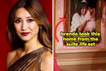 Brenda Song on a red carpet vs a close-up of a London Tipton portrait with overlay text saying that Brenda took it from the "Suite Life"set