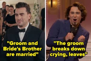 Split image: Left shows a woman appearing shocked with text about bridesmaids. Right shows a man in a suit laughing with text about the groom