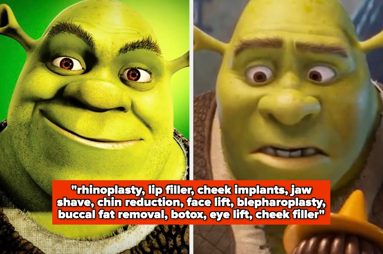 Animated green ogre character with text overlay listing cosmetic procedures like rhinoplasty, lip filler, and face lift