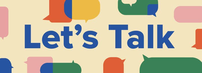 The image features the phrase "Let's Talk" surrounded by various speech bubbles
