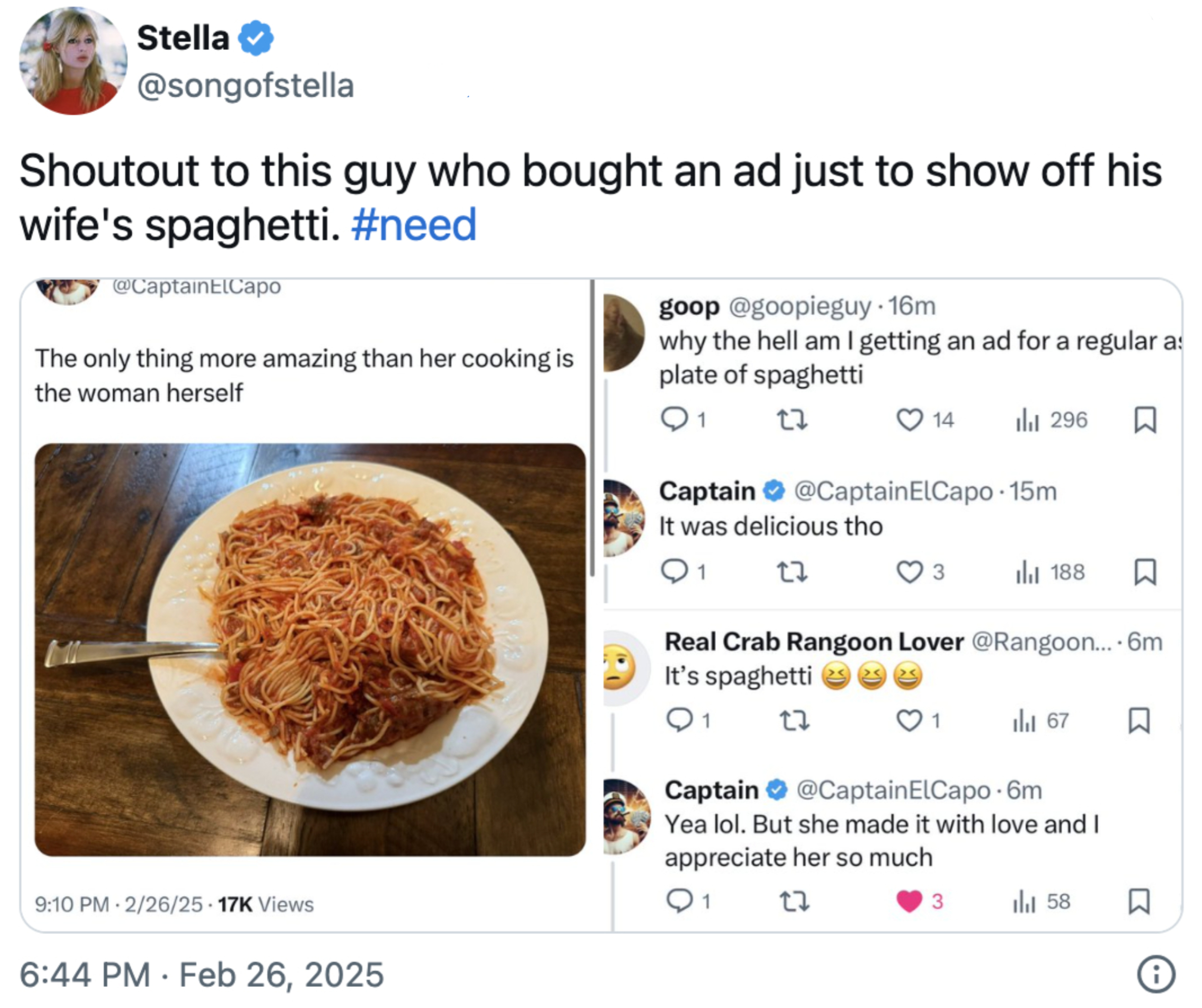 Post i sosiale medier som viser en plate med spaghetti. Bildetekst krediterer humoristisk kokken ektefelle. Kommentarer ros måltidet og uttrykker takknemlighet
