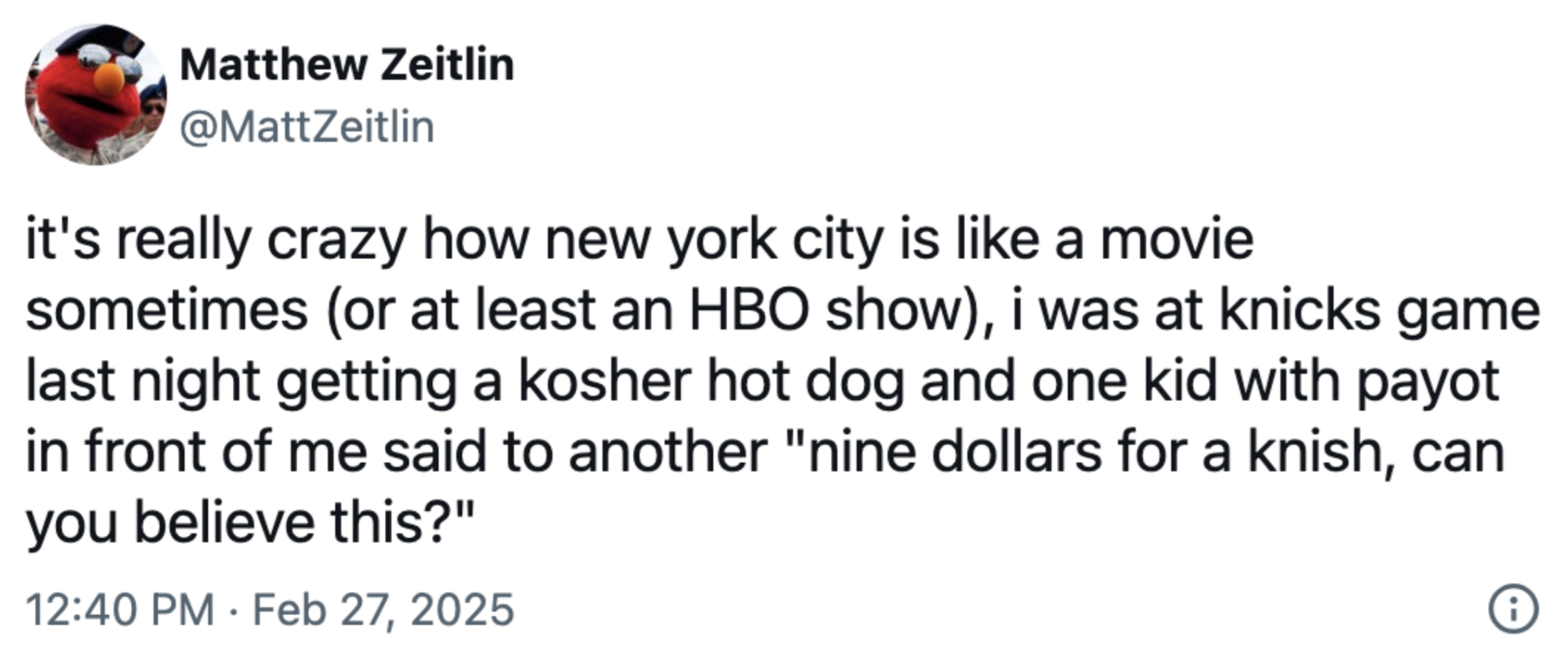 Tweet av Matthew Zeitlin som beskriver en New York City -opplevelse på et Knicks -spill, og fremhever kostnadene for en Knish