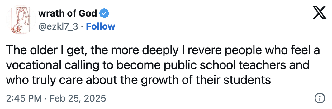 Tweet som uttrykker beundring for offentlige skolelærere dedikert til studentvekst