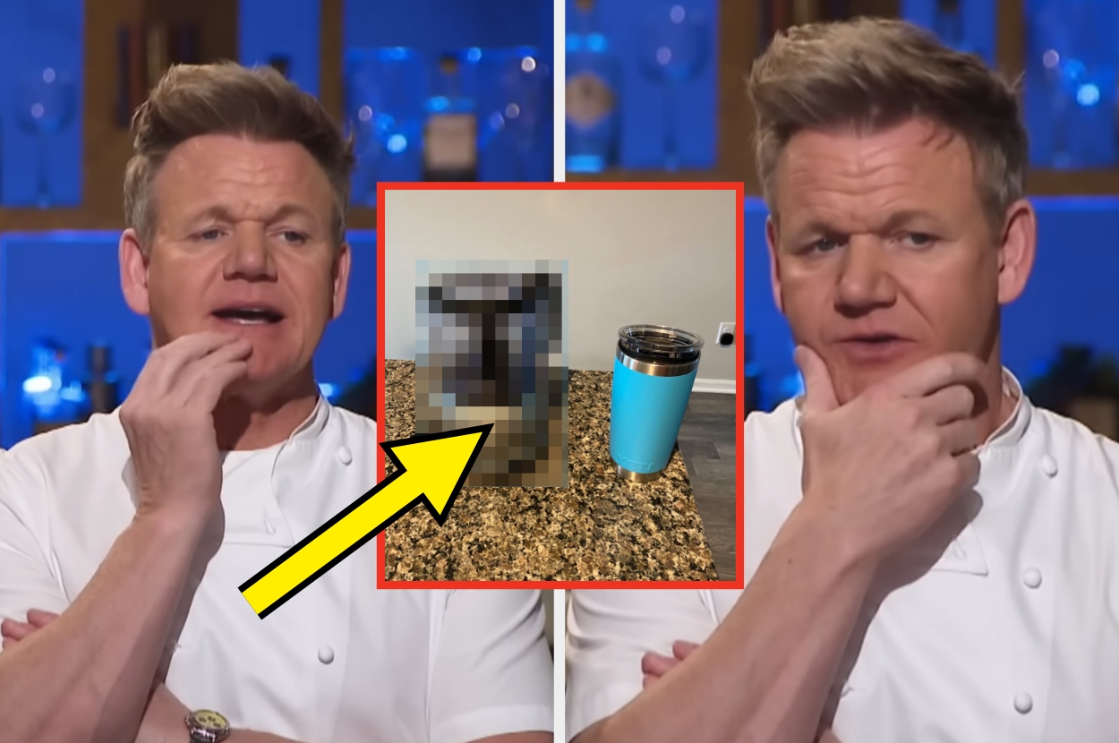 Chef in white uniform looks puzzled at a pixelated image being pointed at, possibly indicating curiosity or confusion