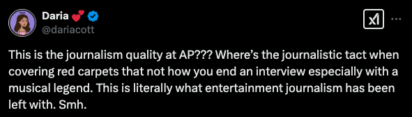 Tweet criticizing the Associated Press for lacking tact in a red carpet interview, highlighting issues in entertainment journalism