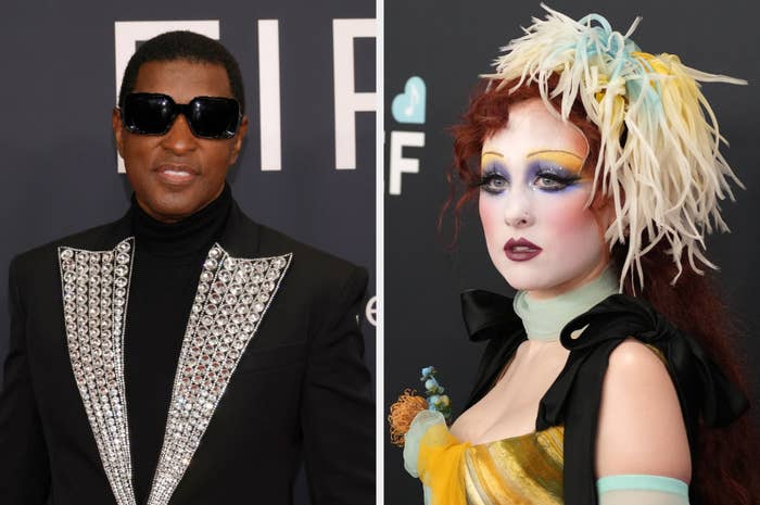 Babyface and Chappell Roan on the red carpet. The left wears a bejeweled jacket; the right has dramatic makeup and a feathered headpiece