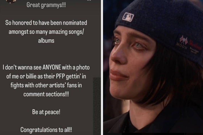 Image split: Left side shows text about Grammy nominations and a request for fans to stay peaceful. Right side shows a person in a casual outfit, wearing a cap