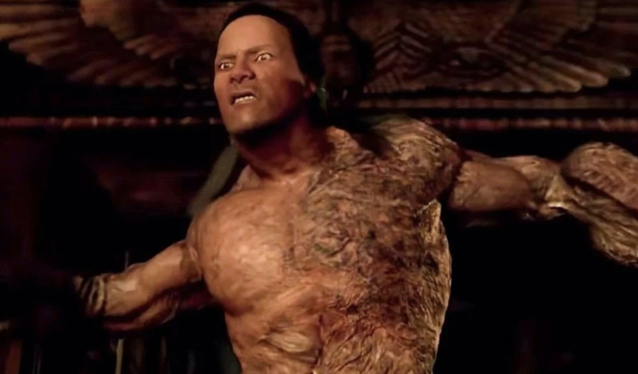 A computer-generated character with a humanoid appearance and textured skin, making a fierce expression