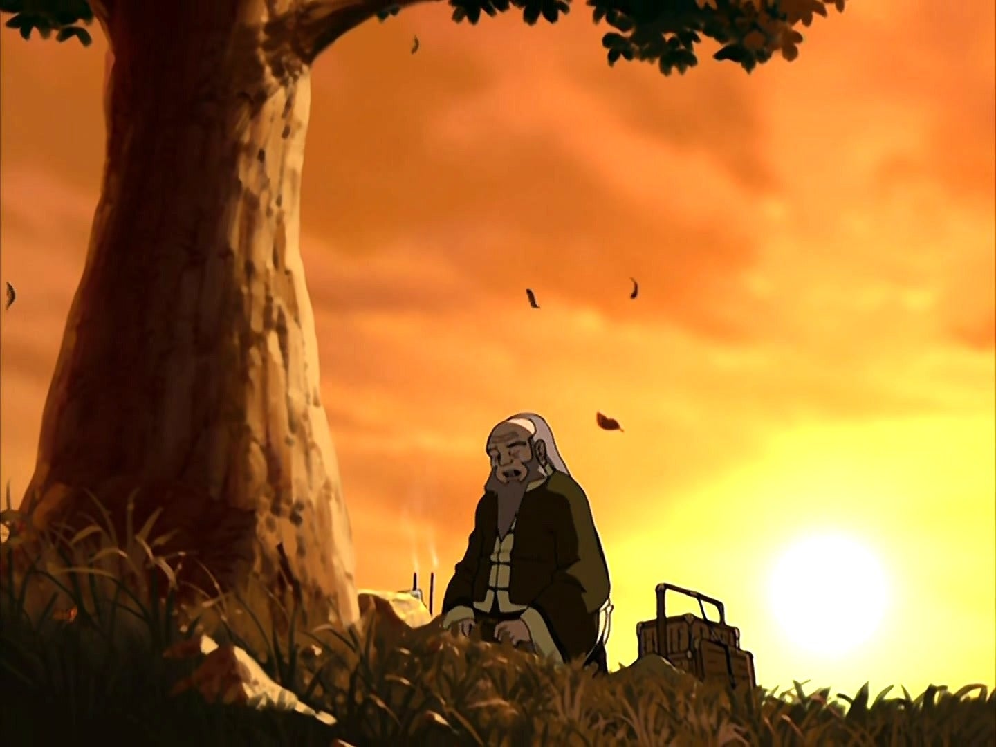 Animated elderly character sits under a tree during sunset, surrounded by falling leaves, appearing reflective with a small basket beside them
