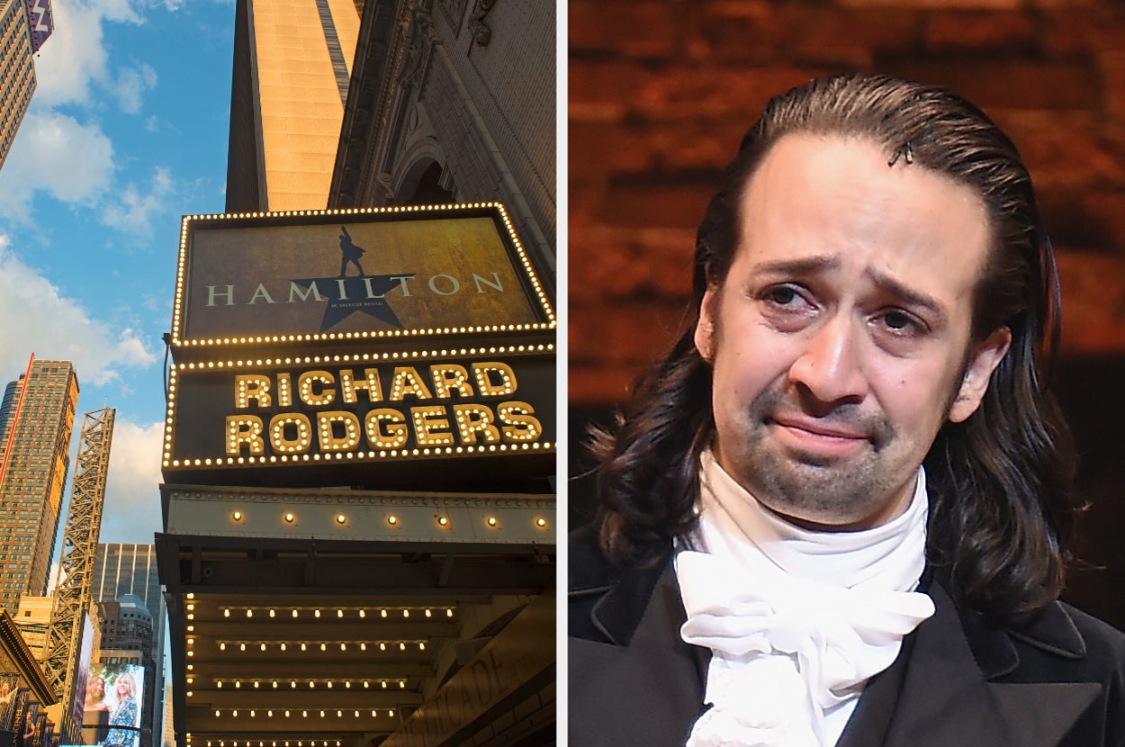 Left: Richard Rodgers Theatre facade with "Hamilton" marquee. Right: Lin-Manuel Miranda in historical costume with emotional expression on stage